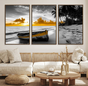 Yellow Rowboat Wall Art – Framed Tropical Shoreline Canvas