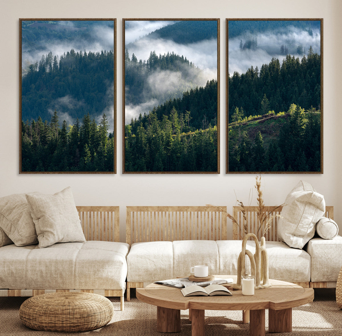 Misty Forest Wall Art Canvas Print, Serene Pine Hills and