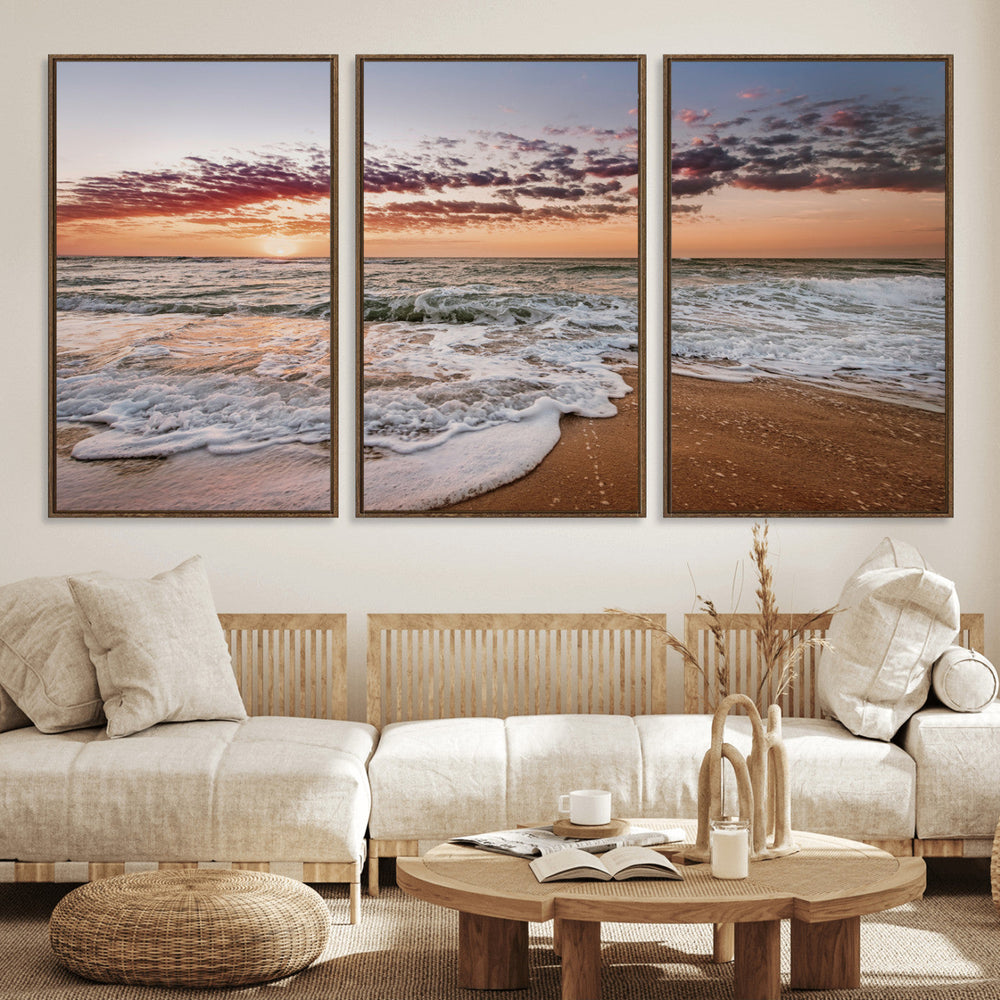 Ocean Sunset Wall Art Canvas Print – Framed Sandy Shore