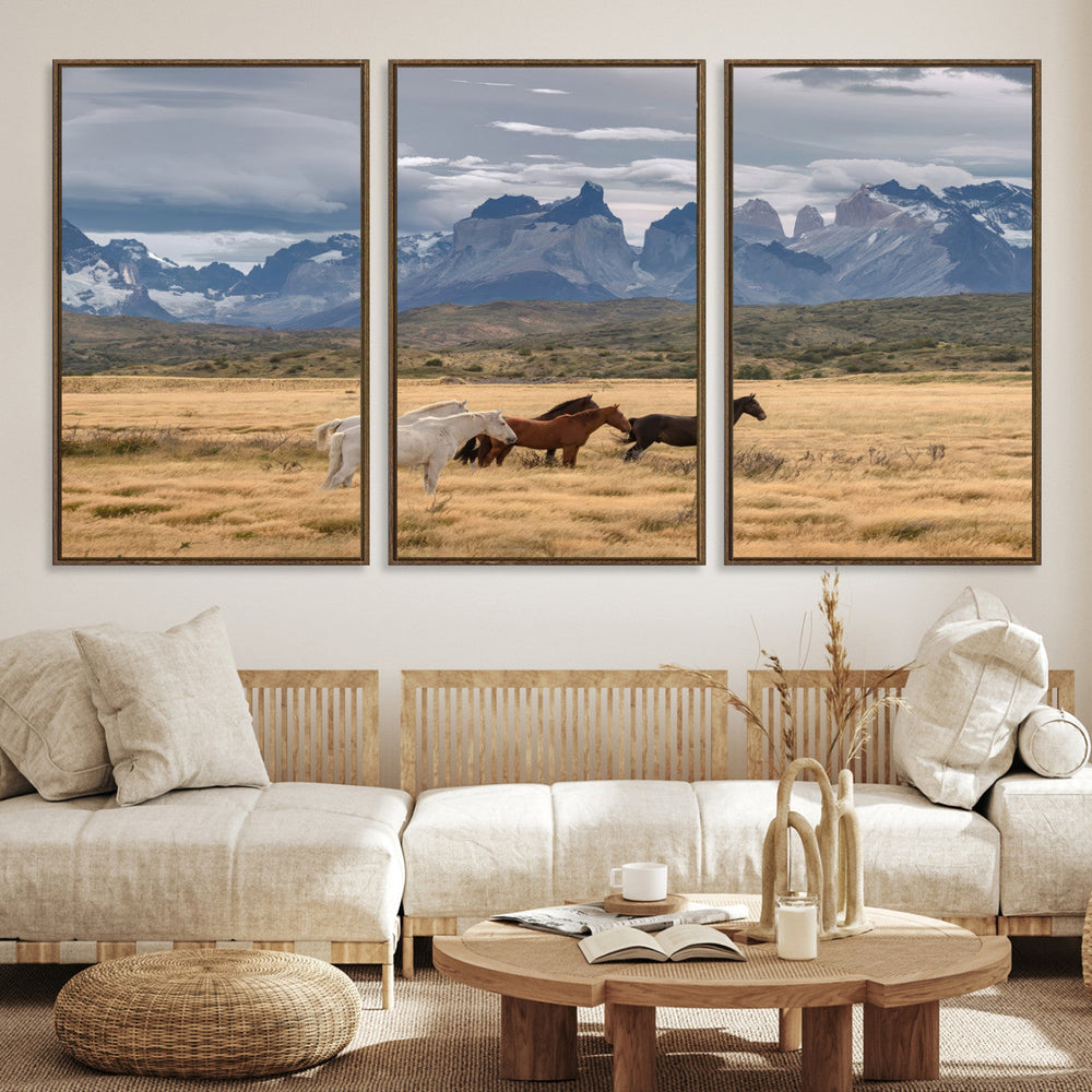 Grand Teton Park Wild Horses Wall Art Canvas Print – Framed