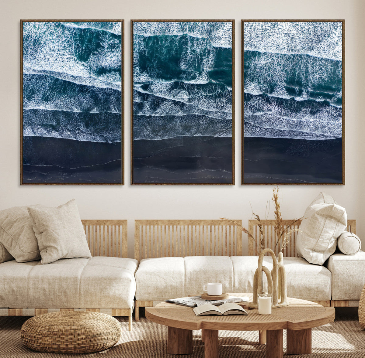 Black Beach Wall Art Canvas Print – Framed Aerial Ocean View