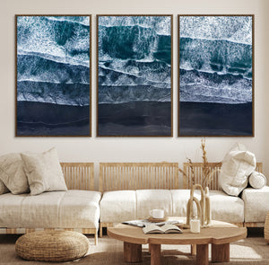 Black Beach Wall Art Canvas Print – Framed Aerial Ocean View