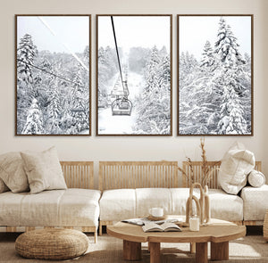 Snowy Ski Lift Wall Art – Framed Winter Mountain Canvas