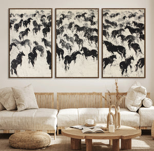 Wild Horse Stampede Wall Art Canvas Print – Monochrome