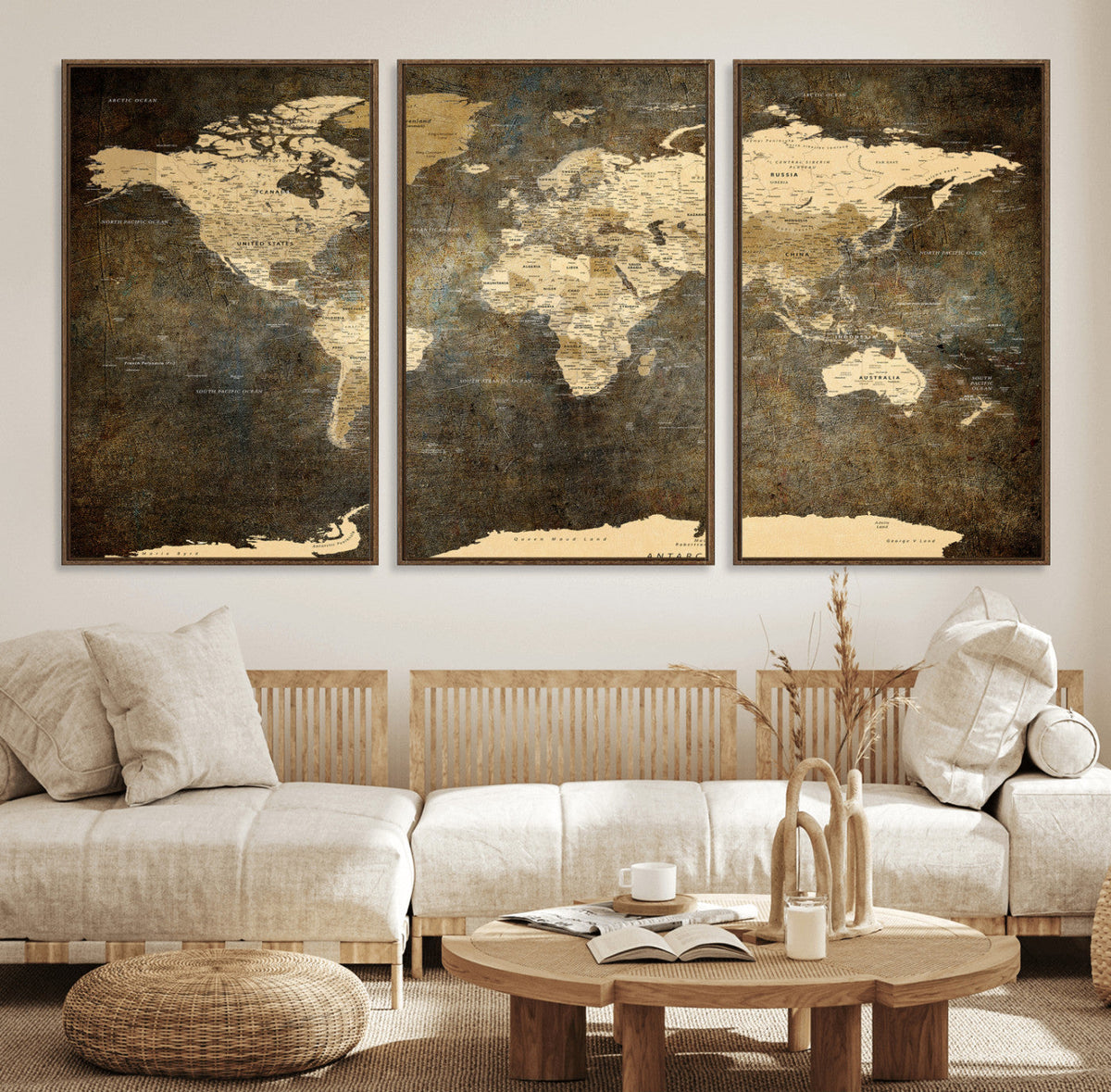 Large Framed Vintage World Map Wall Art Print for Home Wall