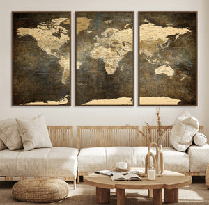 Large Framed Vintage World Map Wall Art Print for Home Wall