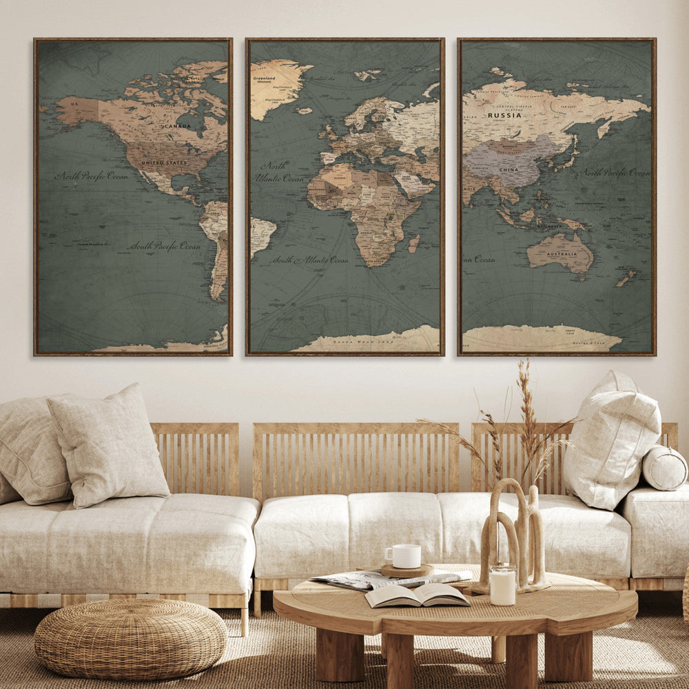 Rustic Black and Wood World Map Canvas Wall Art – Framed