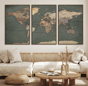 Rustic Black and Wood World Map Canvas Wall Art – Framed