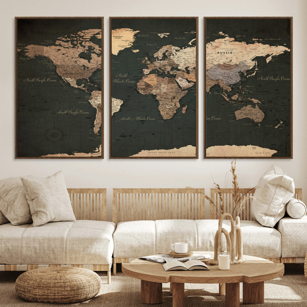 Vintage World Map Canvas Wall Art – Framed Travel Map for