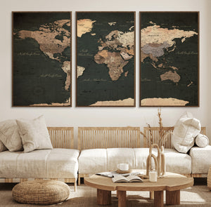 Vintage World Map Canvas Wall Art – Framed Travel Map for