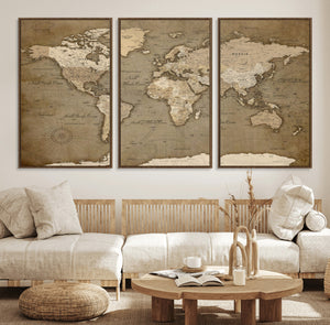 World Map Wall Art Canvas Print, Framed Map Art Picture