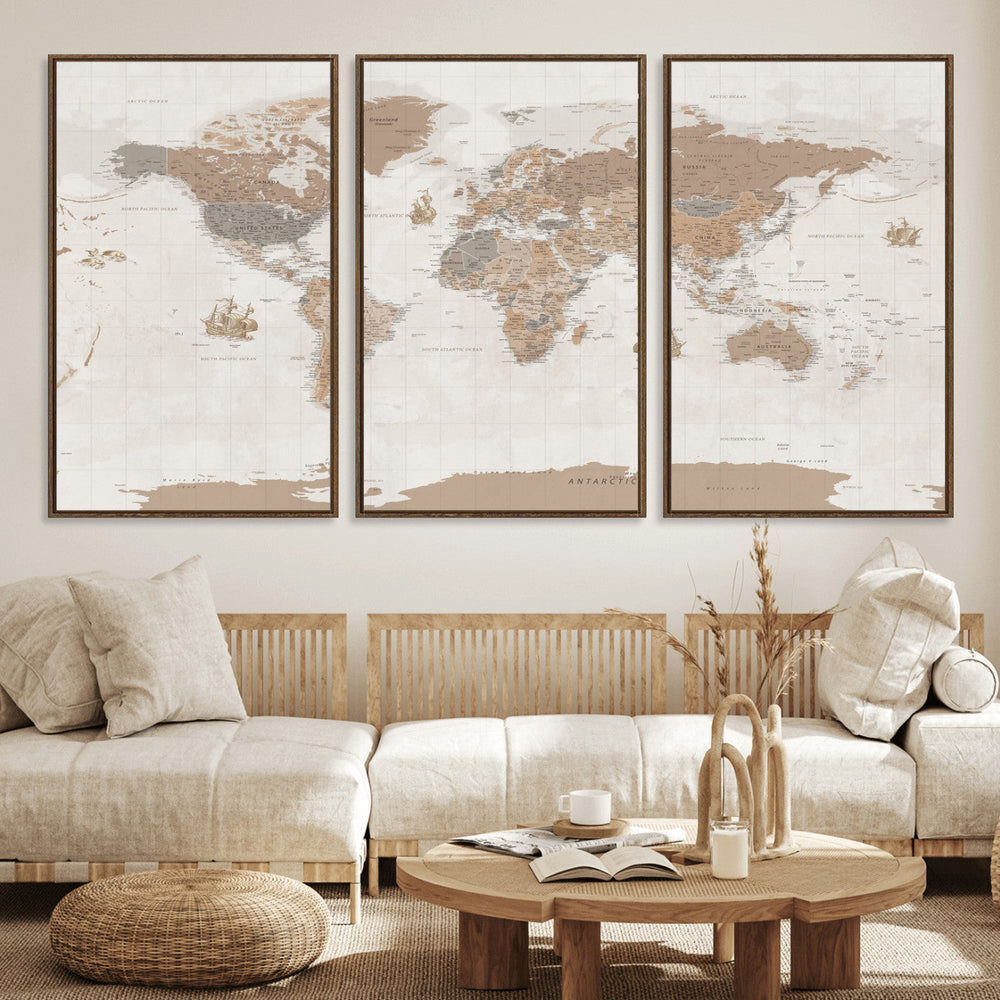 Framed Large World Map Canvas Print for Office Decor