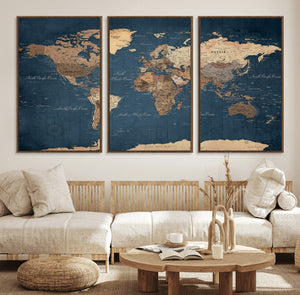 Navy Blue World Map Canvas Print – Framed Travel Map Wall