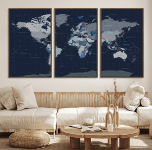 Blue Detailed World Map Wall Art Canvas Print, Modern Framed