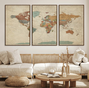 Vintage World Map Canvas Wall Art Print – Framed Modern