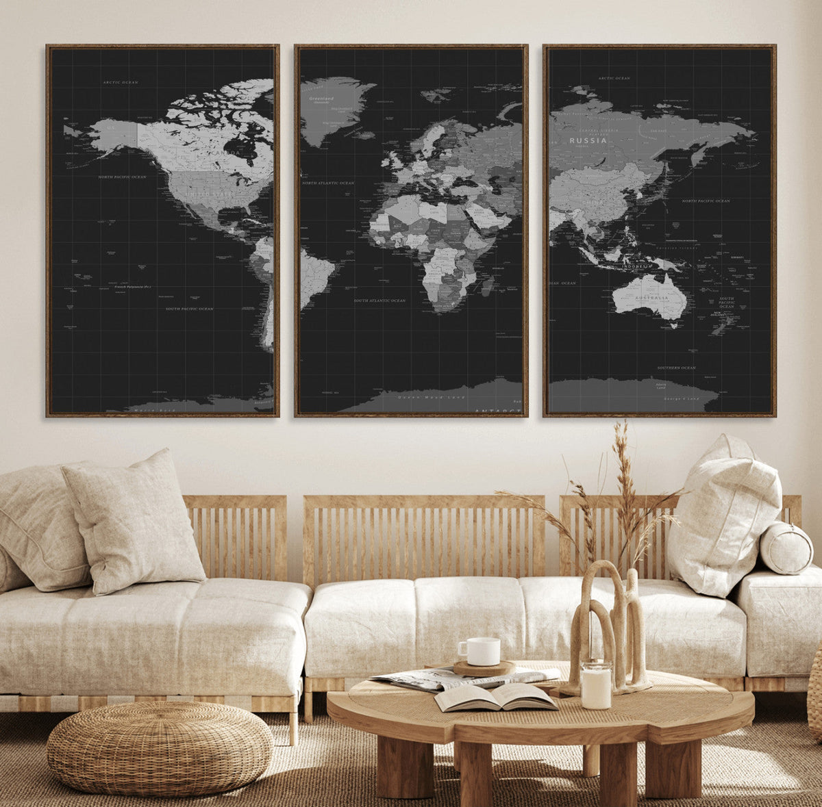 Black World Map Wall Art Canvas Print – Detailed Map of the