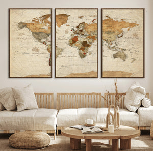 Rustic Vintage World Map Canvas Print – Framed Modern