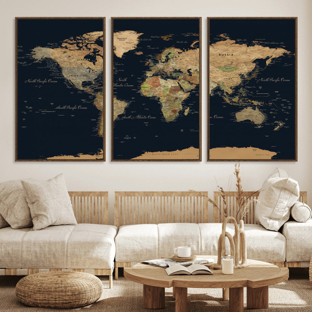 Vintage World Map Canvas on the Dark Background Wall Art
