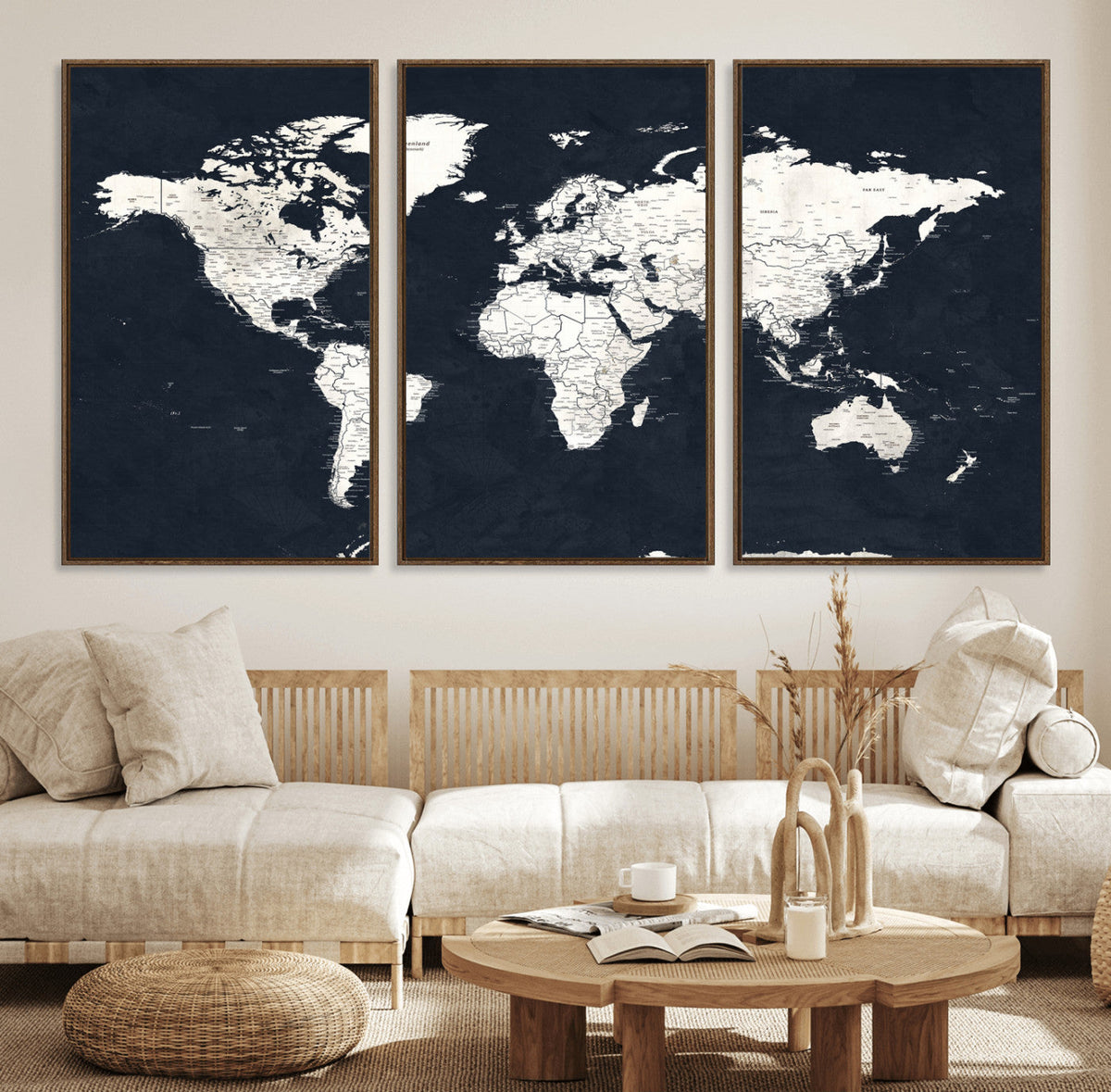 Black World Map Wall Art Canvas Print for Home Office and