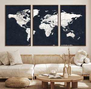 Black World Map Wall Art Canvas Print for Home Office and