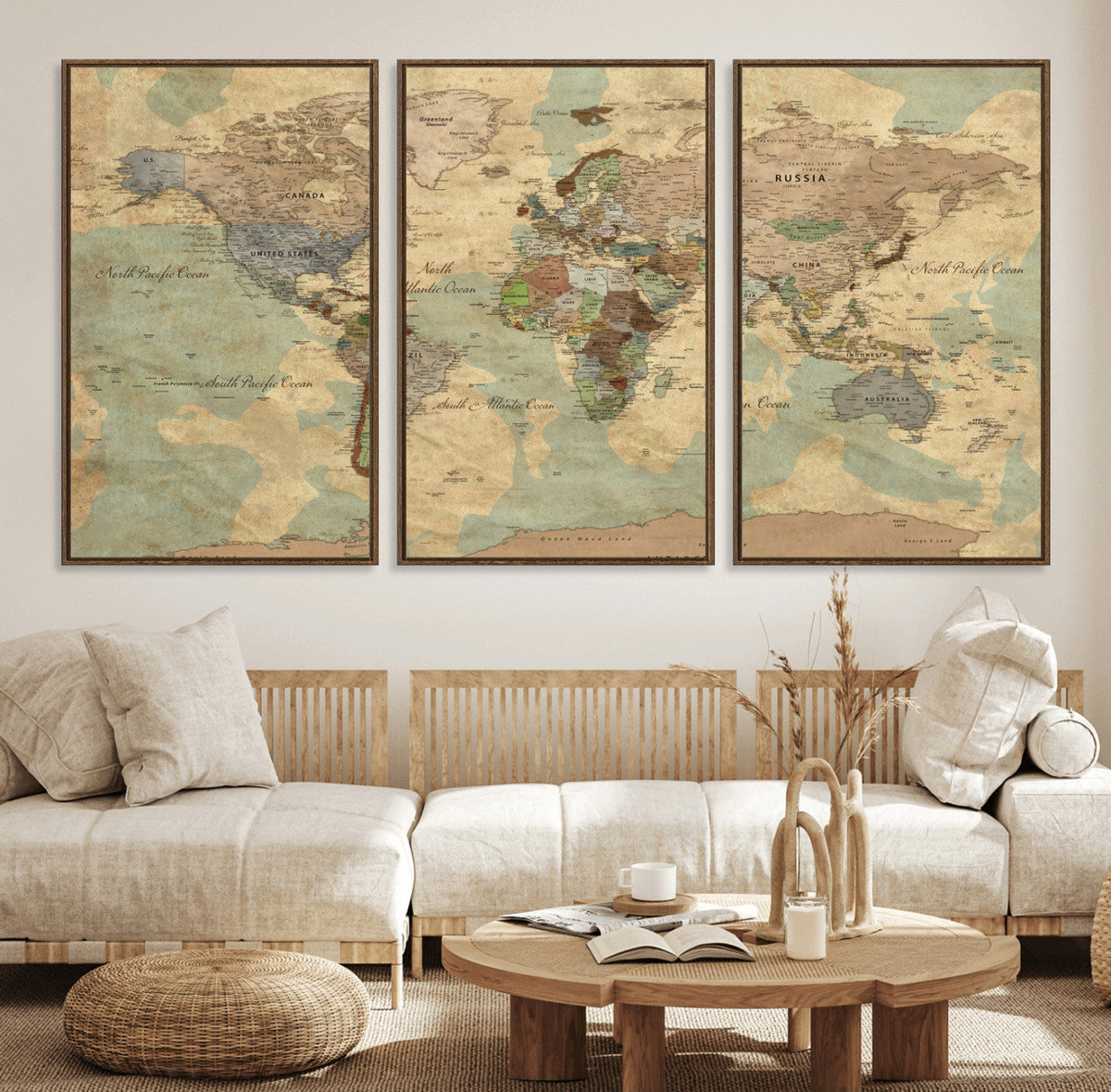 Vintage World Map Wall Art | Ready to Hang and Framed