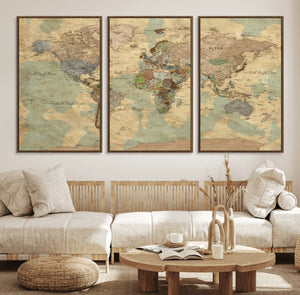 Vintage World Map Wall Art | Ready to Hang and Framed