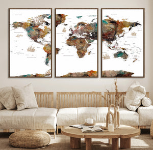 Watercolor World Map Canvas Print – Detailed Map of the