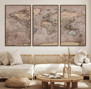 Grunge World Map Canvas Wall Art - Vintage Aged World Map