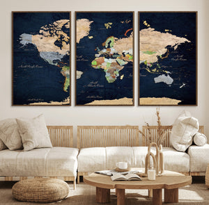 Minimalist World Map Canvas Wall Art - Watercolor Blue and