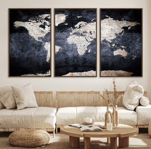 Vintage World Map Canvas Wall Art – Antique Triptych Map