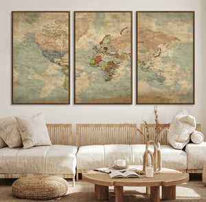 World Map Wall Art Canvas Print, Rustic Map Print, Framed