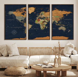Modern World Map Canvas Print – Framed Detailed Map of the