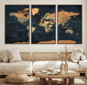 Vintage World Map Canvas Wall Art – Detailed Map with