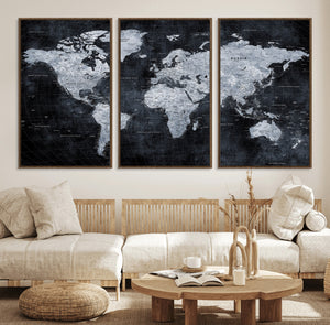 Black World Map Canvas Print – Detailed Map for Couples and