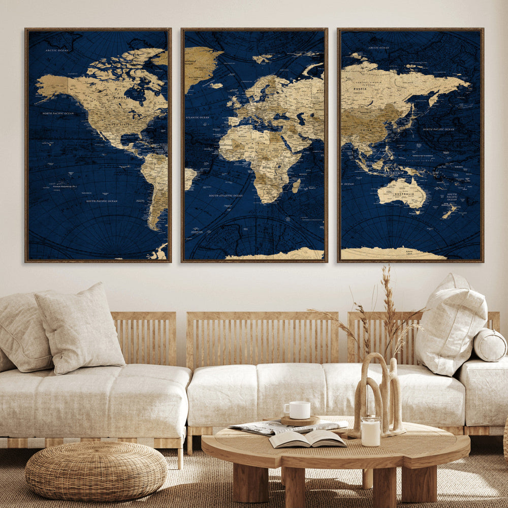 Navy Blue World Map Canvas Print – Detailed Map Minimal Navy