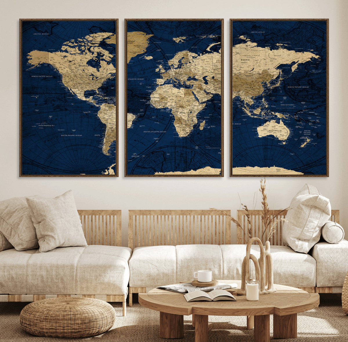 Navy Blue World Map Canvas Print – Detailed Map Minimal Navy