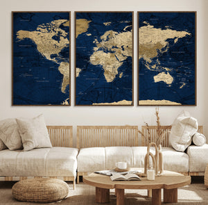 Navy Blue World Map Canvas Print – Detailed Map Minimal Navy