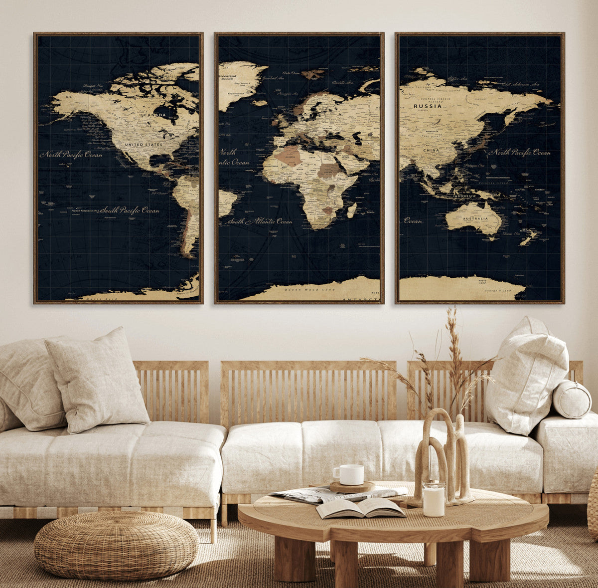 Dark World Map Canvas Wall Art Print, Minimal Black and Gold