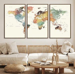 Framed World Map Wall Art Canvas Print for Living Room and