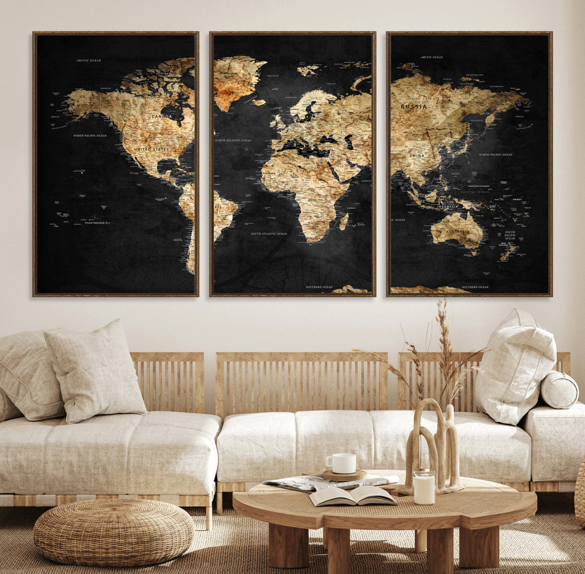 World Map Canvas Wall Art with Famous Landmarks – Framed