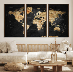 World Map Canvas Wall Art with Famous Landmarks – Framed