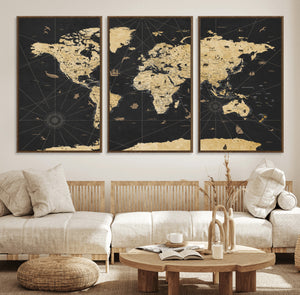 Vintage Blue and Brown World Map Canvas Wall Art – Framed