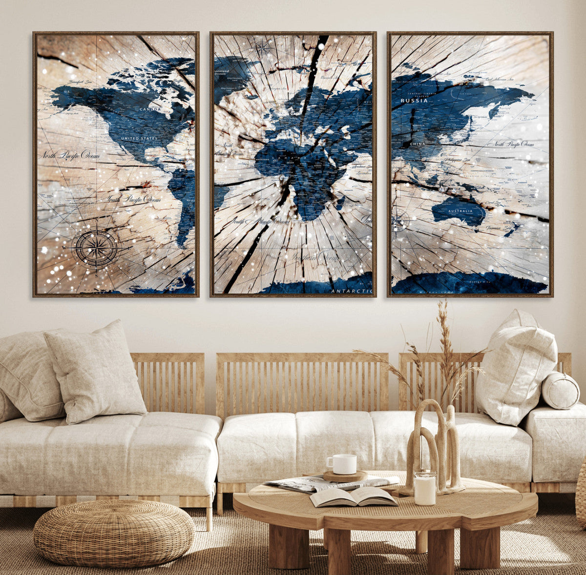Rustic World Map Canvas Print – Framed Wall Art for Couples,