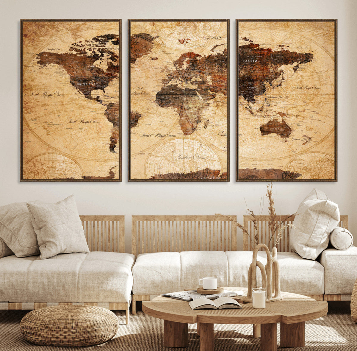 Modern Red and Gray World Map Canvas Print – Framed Wall Art