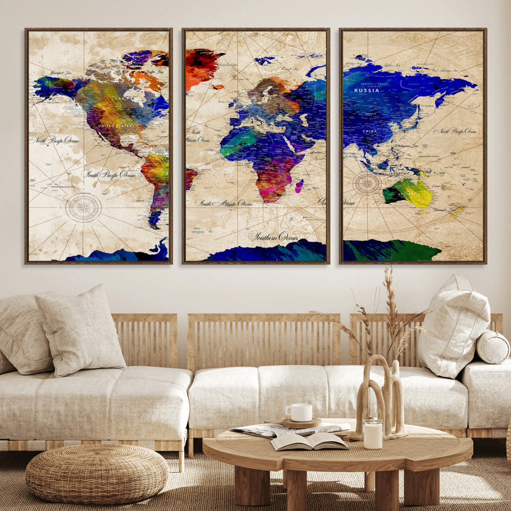Watercolor World Map Canvas Print – Framed Wall Art for