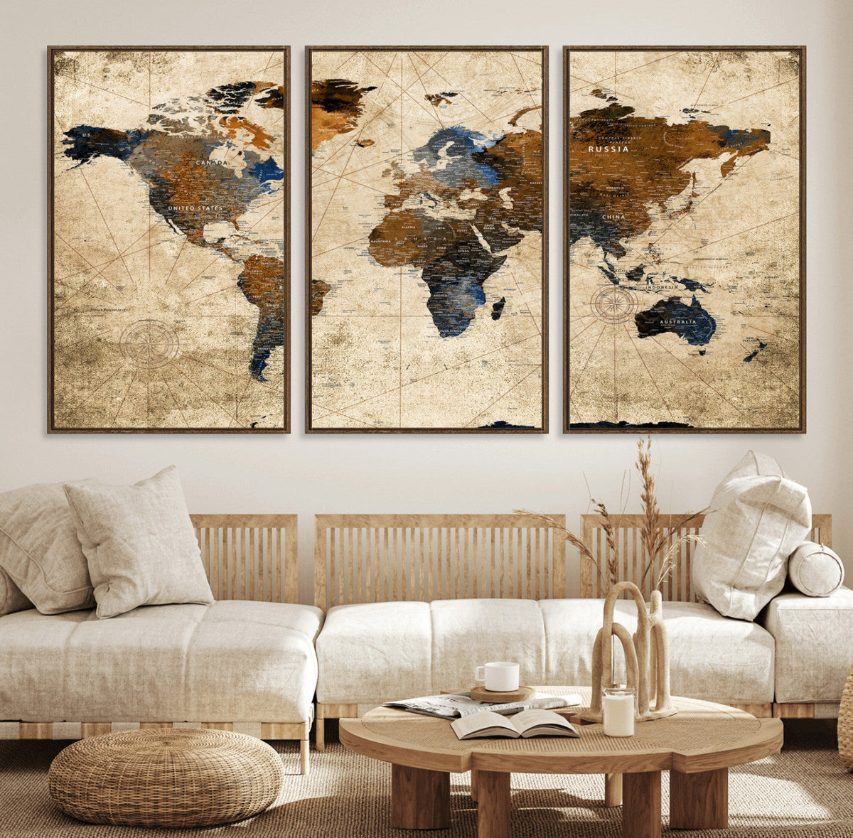 World Map Wall Art – Rustic Earth Tone Canvas Print, Antique
