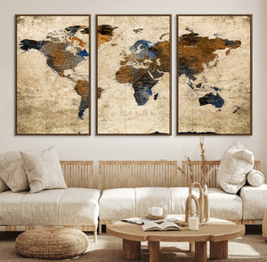 World Map Wall Art – Rustic Earth Tone Canvas Print, Antique