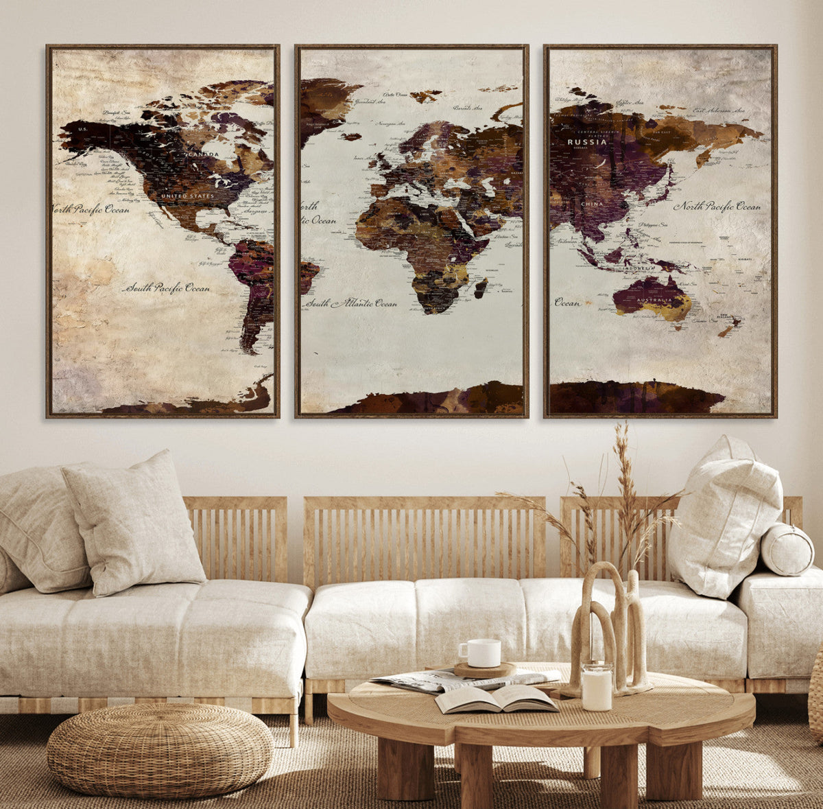 World Map Canvas Triptych – Colorful Global Wall Art for