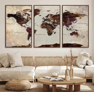 World Map Canvas Triptych – Colorful Global Wall Art for