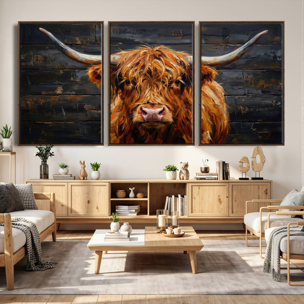 Highland Cow Wall Art Canvas Print, Rustic Farm Animal